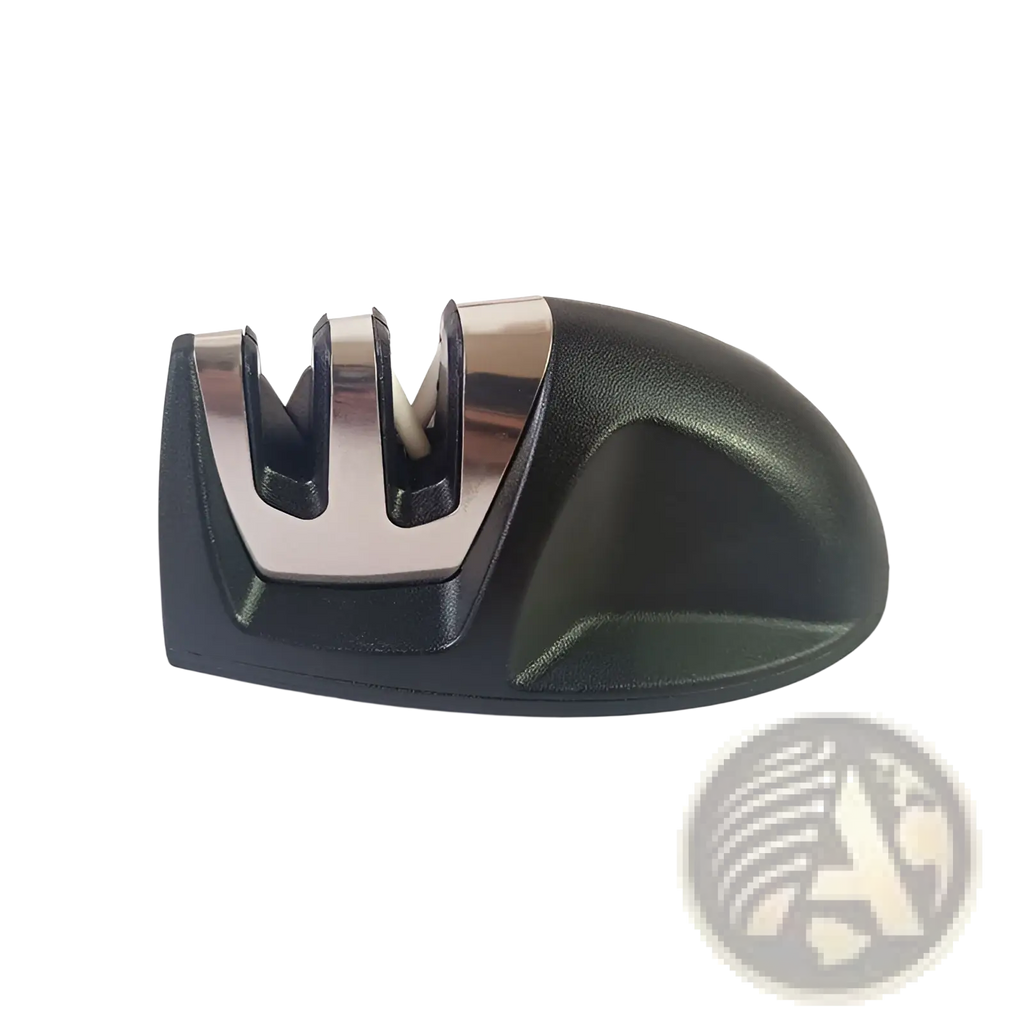 Black plastic and stainless steel portable three-slot knife sharpener with mouse sharpening tool design