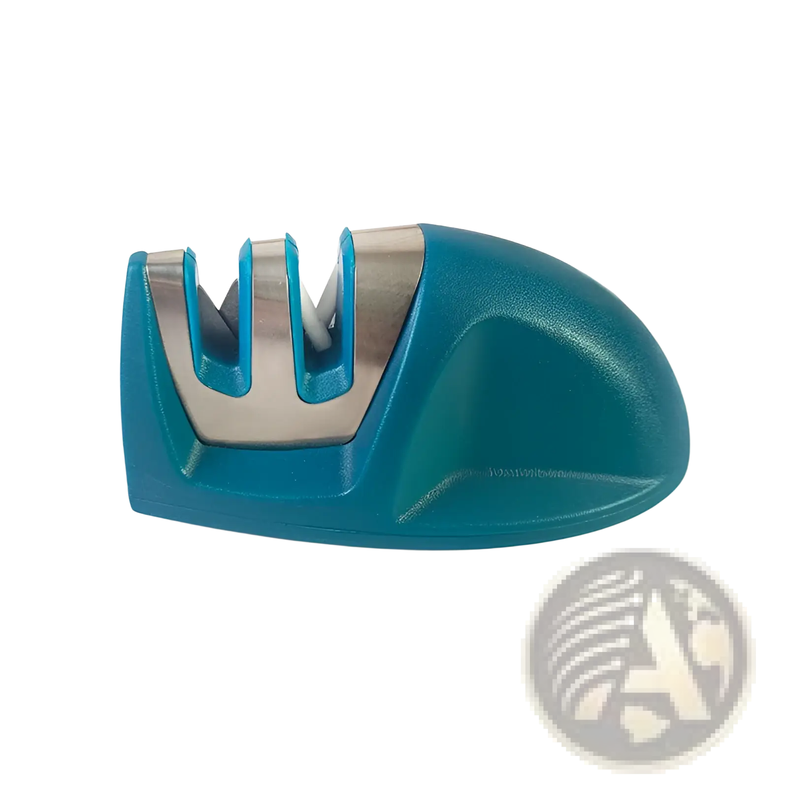 Teal plastic and stainless steel portable knife sharpener with three slots for precise mouse sharpening tool use