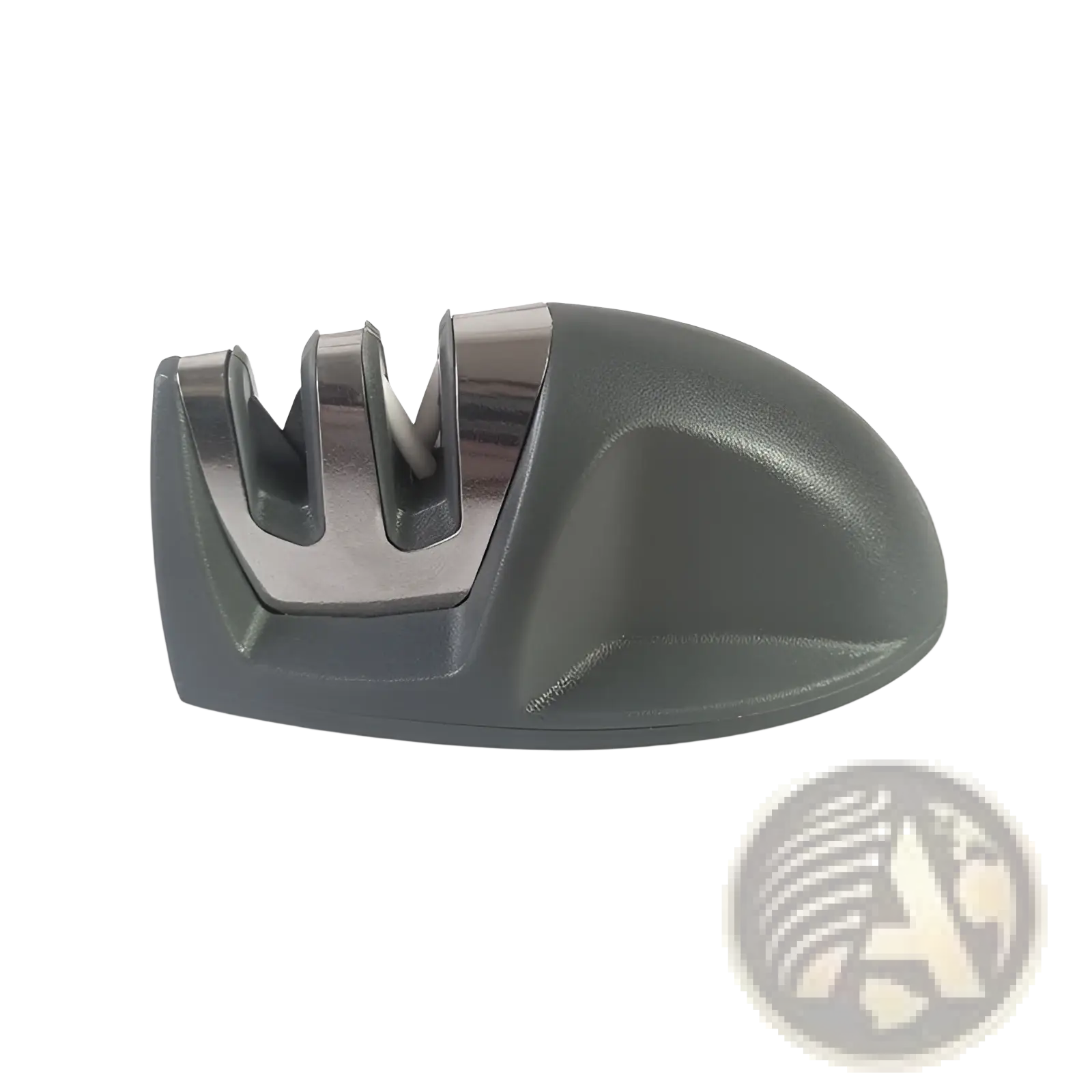 Dark gray plastic knife sharpener with three metallic reflective slots portable 3 slot mouse sharpening tool