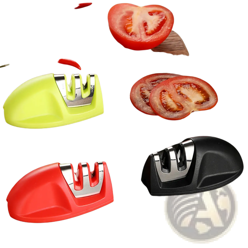 Bright lime green portable 3 slot mouse knife sharpener with metallic sharpening surface for efficient blade sharpening