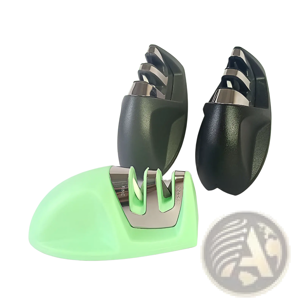 Two black and silver manual knife sharpeners with a mint green base for precise blade maintenance and portability