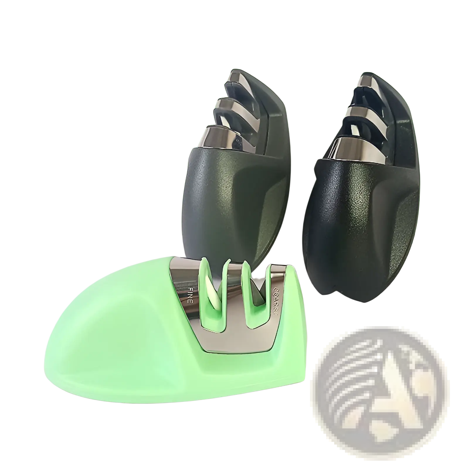 Two black and silver manual knife sharpeners with a mint green base for precise blade maintenance and portability