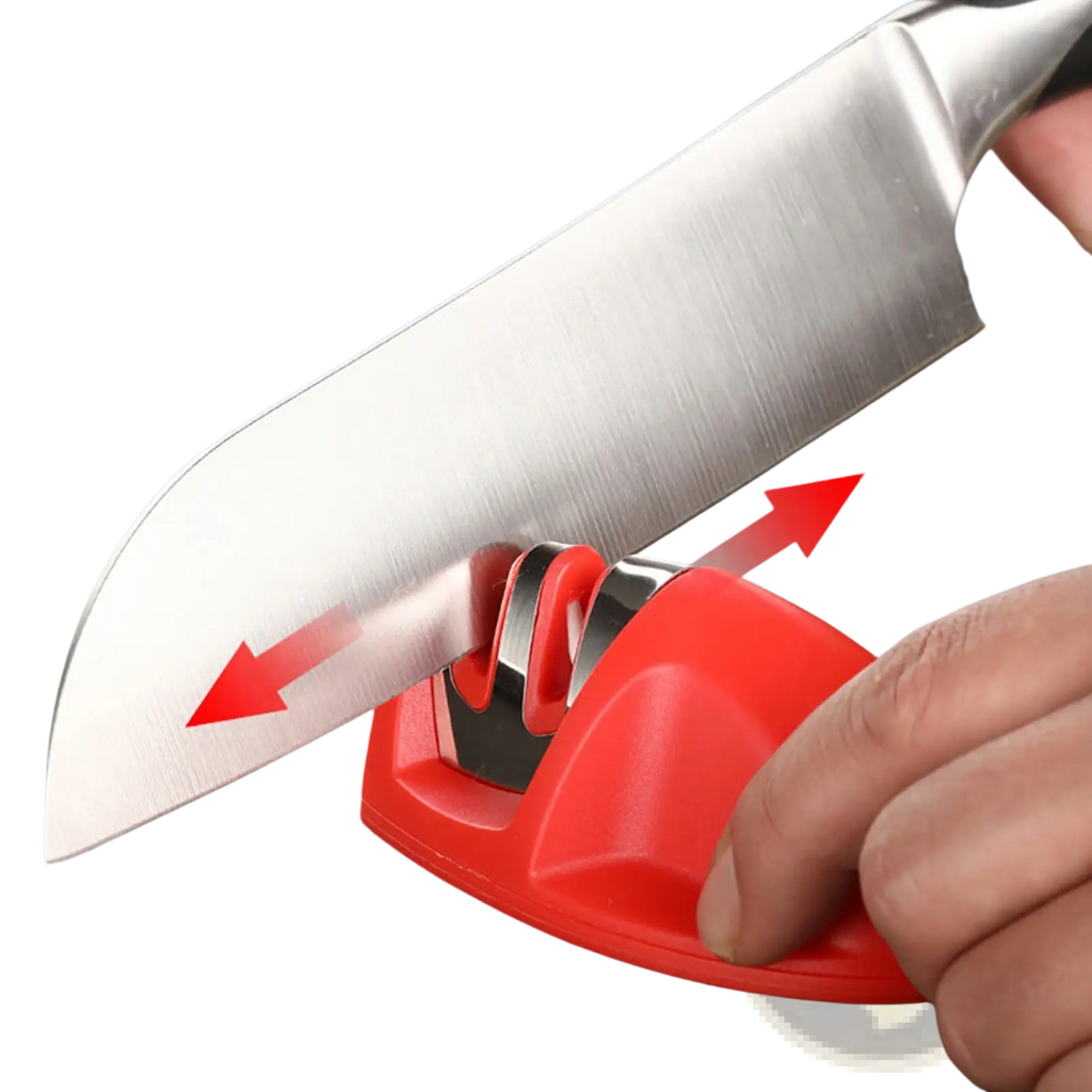 Red plastic knife sharpener with three metallic sharpening slots for portable mouse sharpening tool use