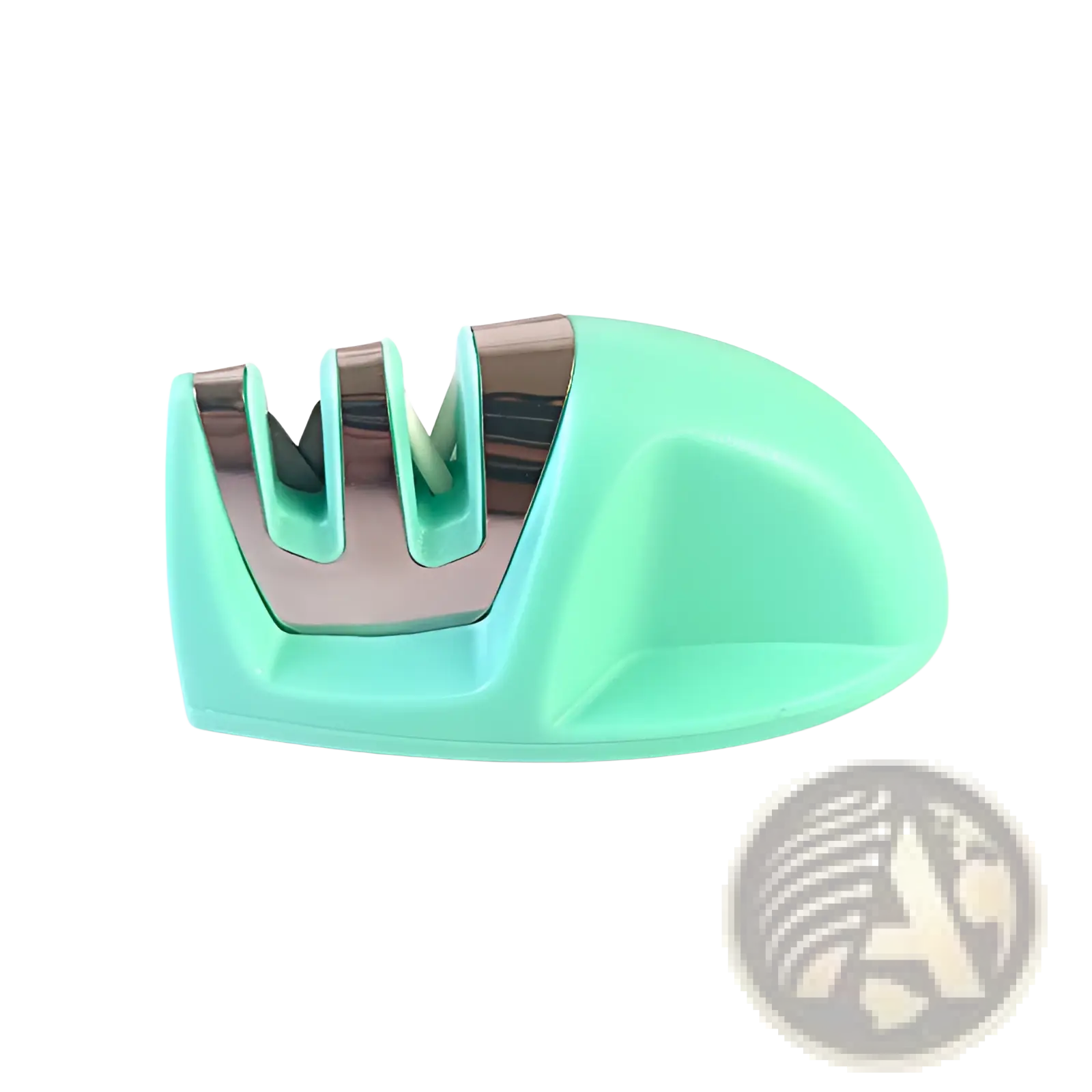 A mint green plastic portable knife sharpener with three stainless steel slots for efficient sharpening