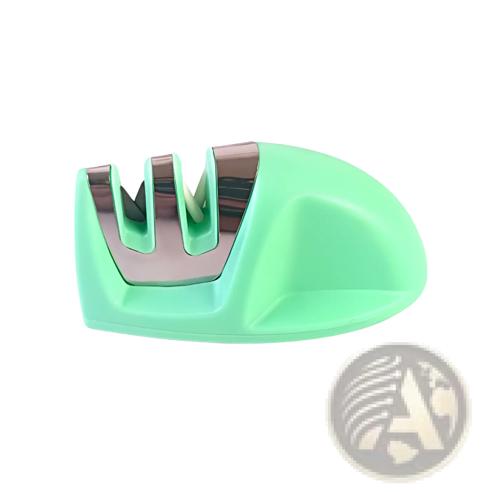 Mint green portable plastic knife sharpener with three stainless steel slots for efficient blade sharpening