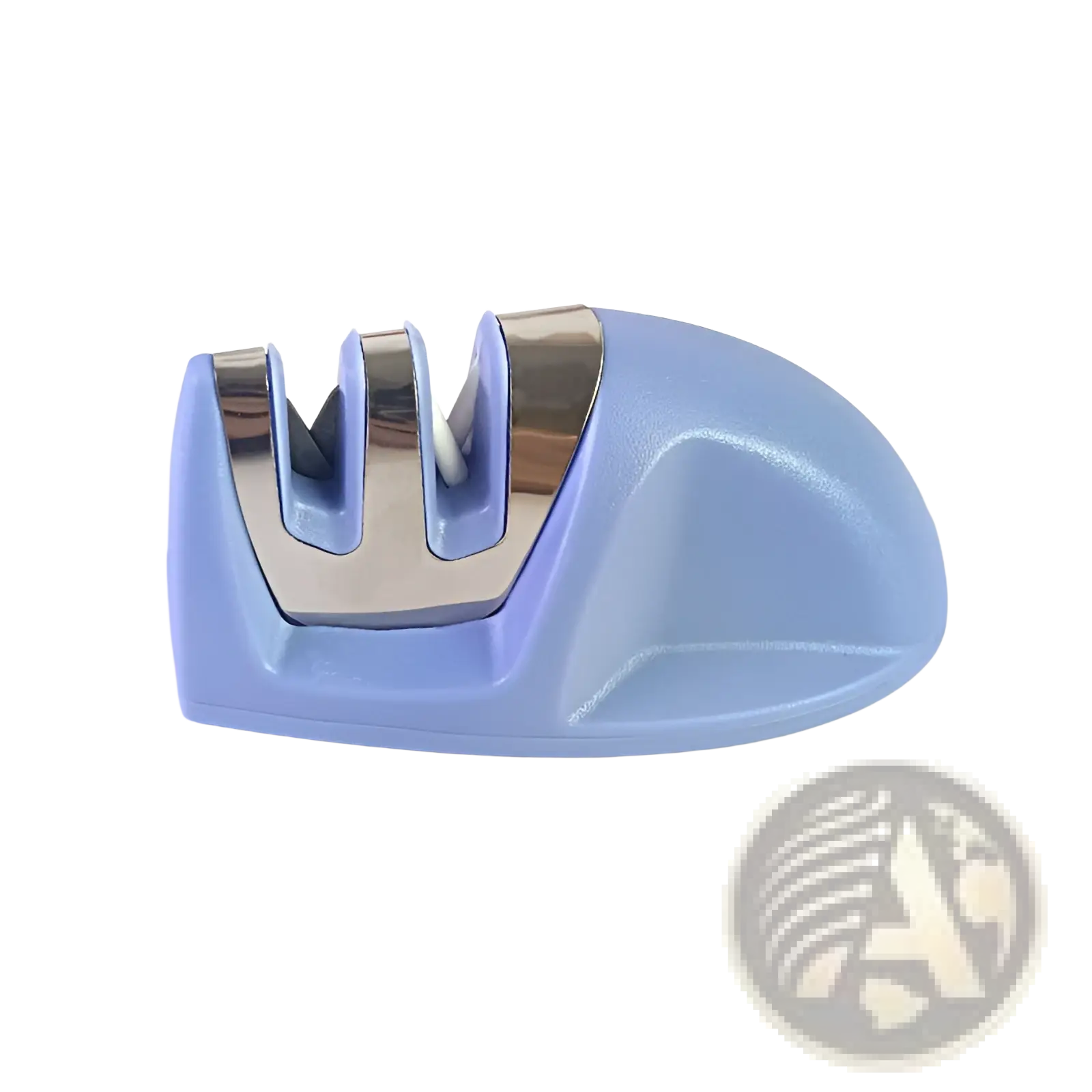 Light blue plastic and stainless steel knife sharpener with three slots portable mouse sharpening tool