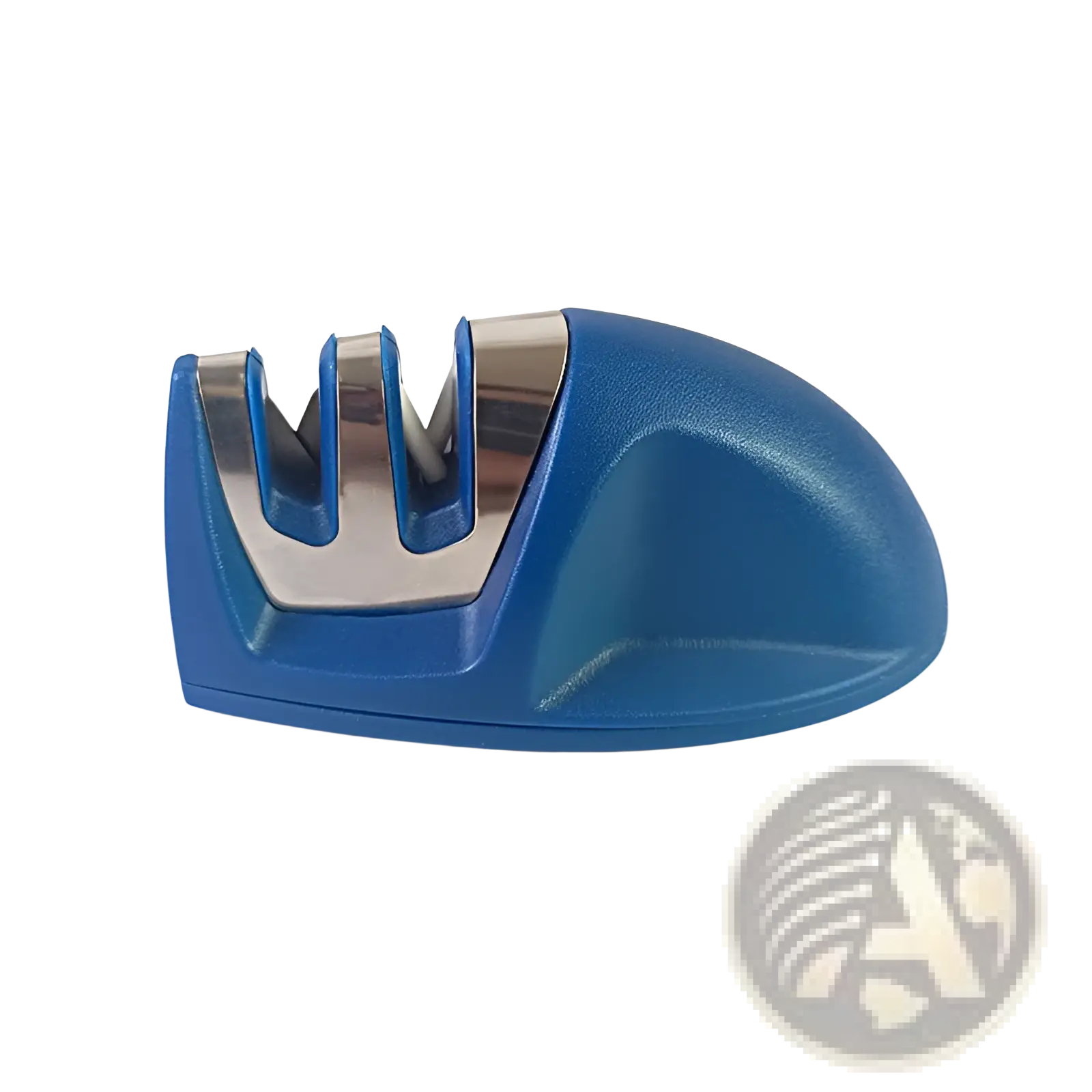Blue plastic knife sharpener with three stainless steel slots for portable mouse sharpening tool use
