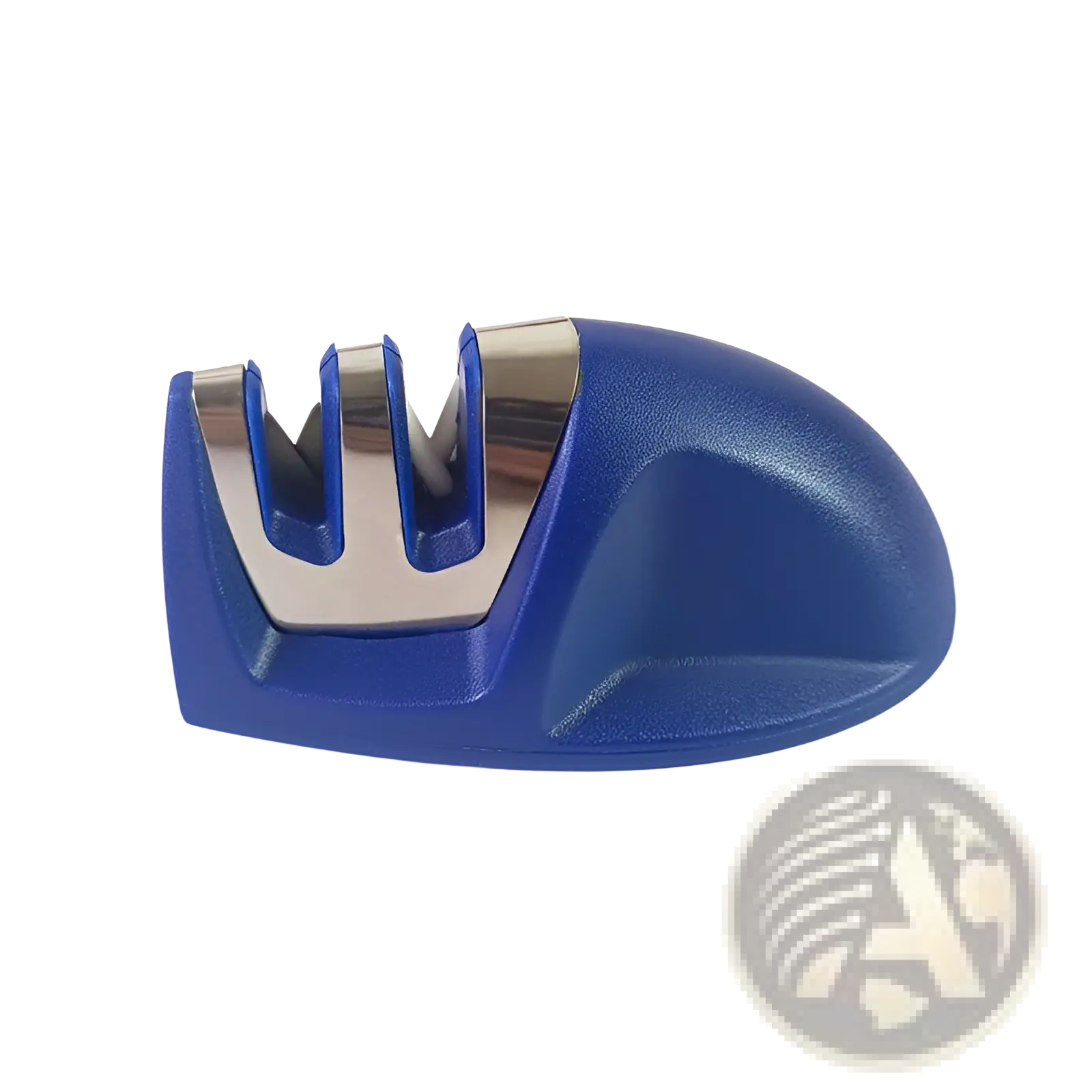 Blue plastic and stainless steel portable three-slot knife sharpener designed for efficient mouse sharpening tool use