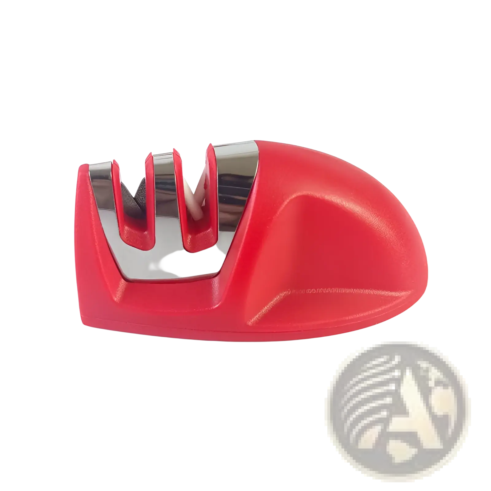 Knife sharpener portable 3 slot mouse sharpening tool made of red plastic and stainless steel with three sharpening slots