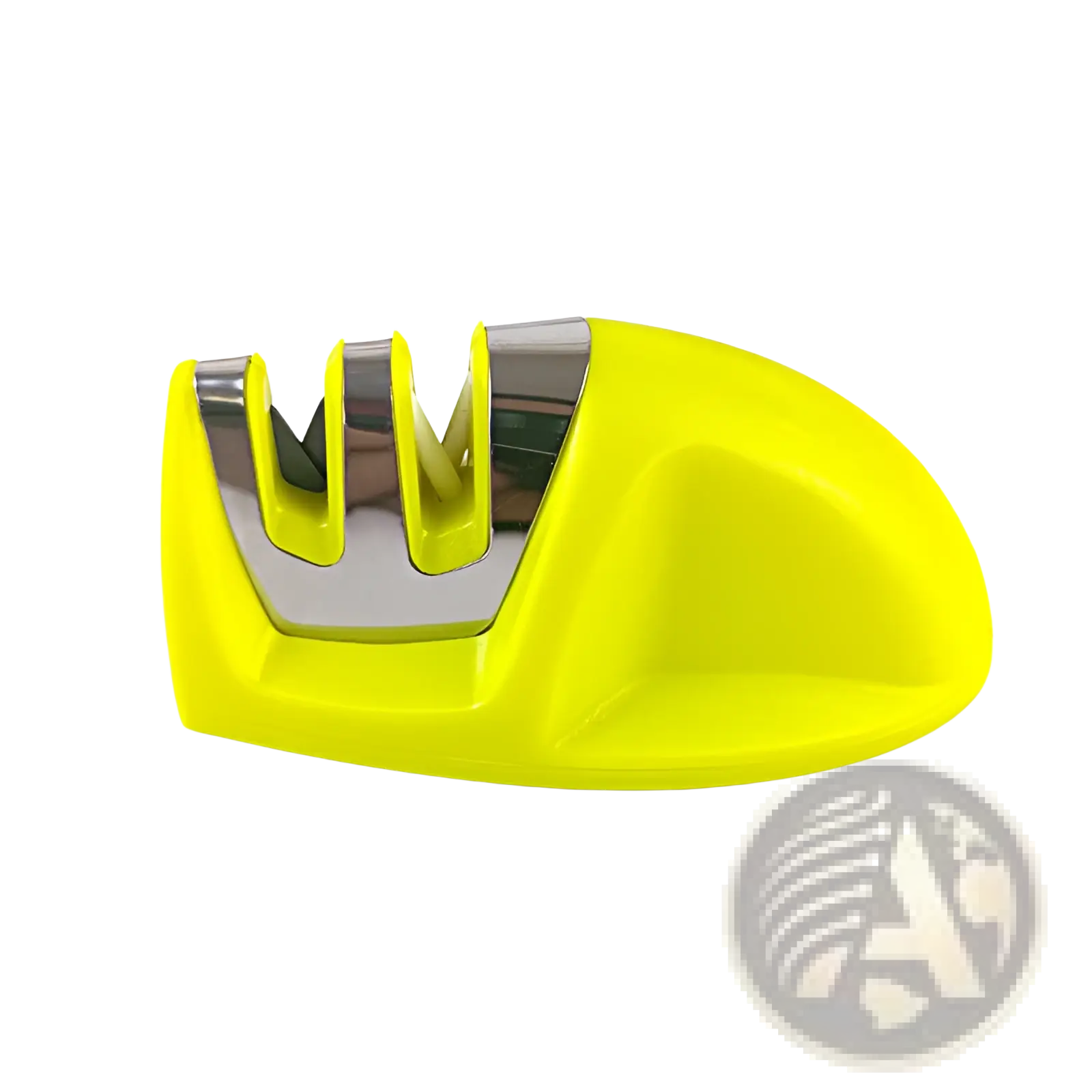 Bright yellow plastic knife sharpener with three stainless steel slots for portable sharpening tool use