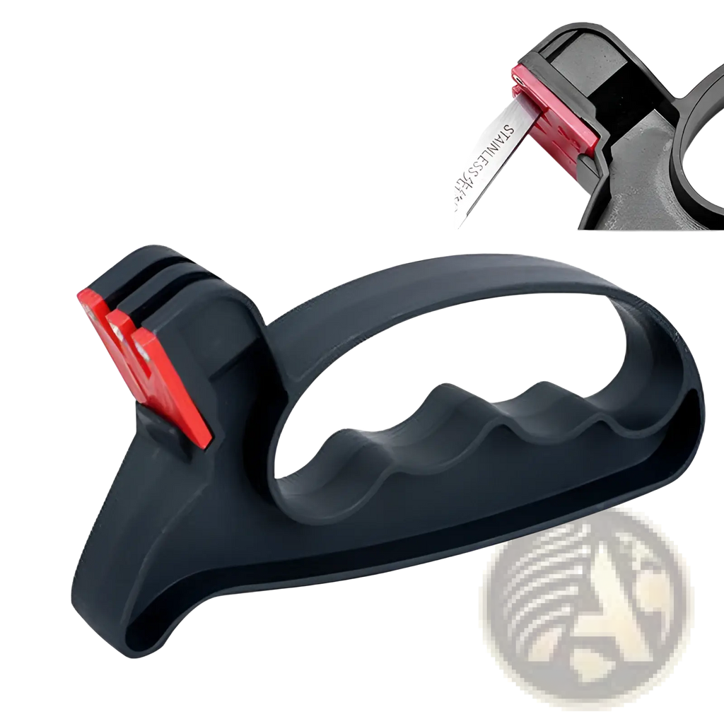 Knife sharpener and scissor sharpening kitchen tool with black plastic body, red accents, and ergonomic grip design