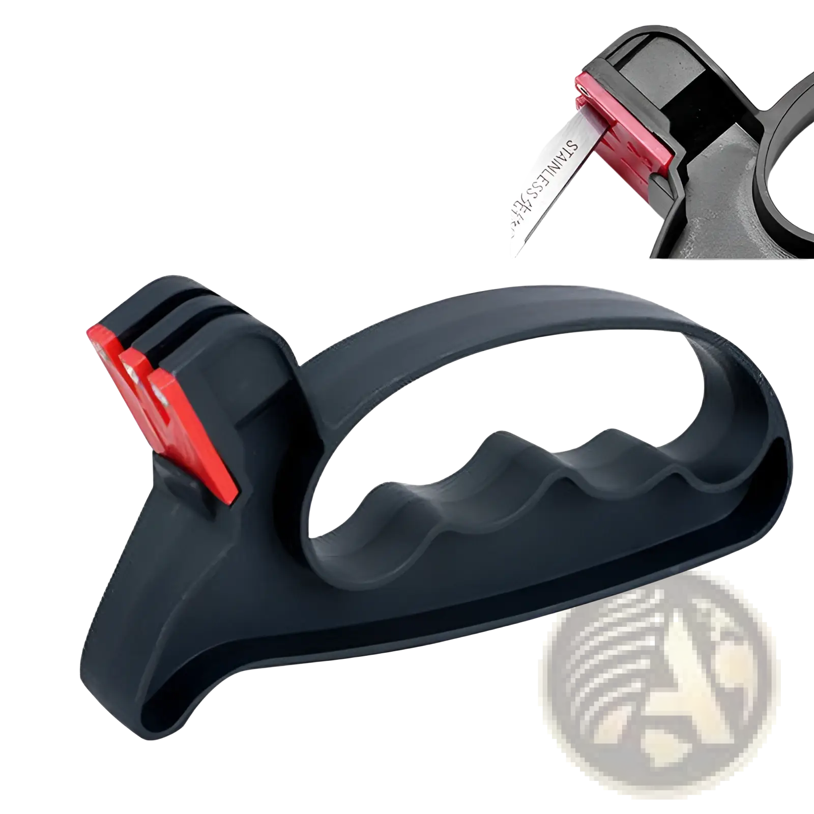 Knife sharpener and scissor sharpening kitchen tool with black plastic body, red accents, and ergonomic grip design