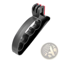 Knife sharpener and scissor sharpening kitchen tool in black plastic with red accents and ergonomic finger-grip design