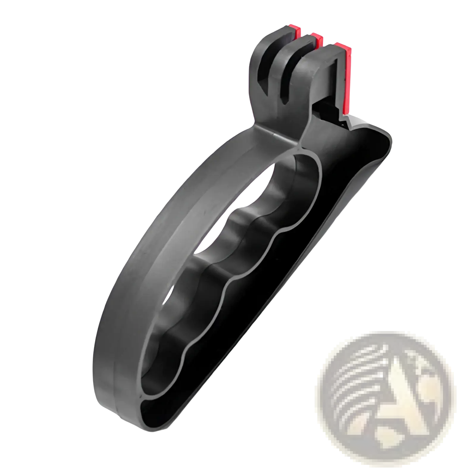 Knife sharpener and scissor sharpening kitchen tool in black plastic with red accents and ergonomic finger-grip design