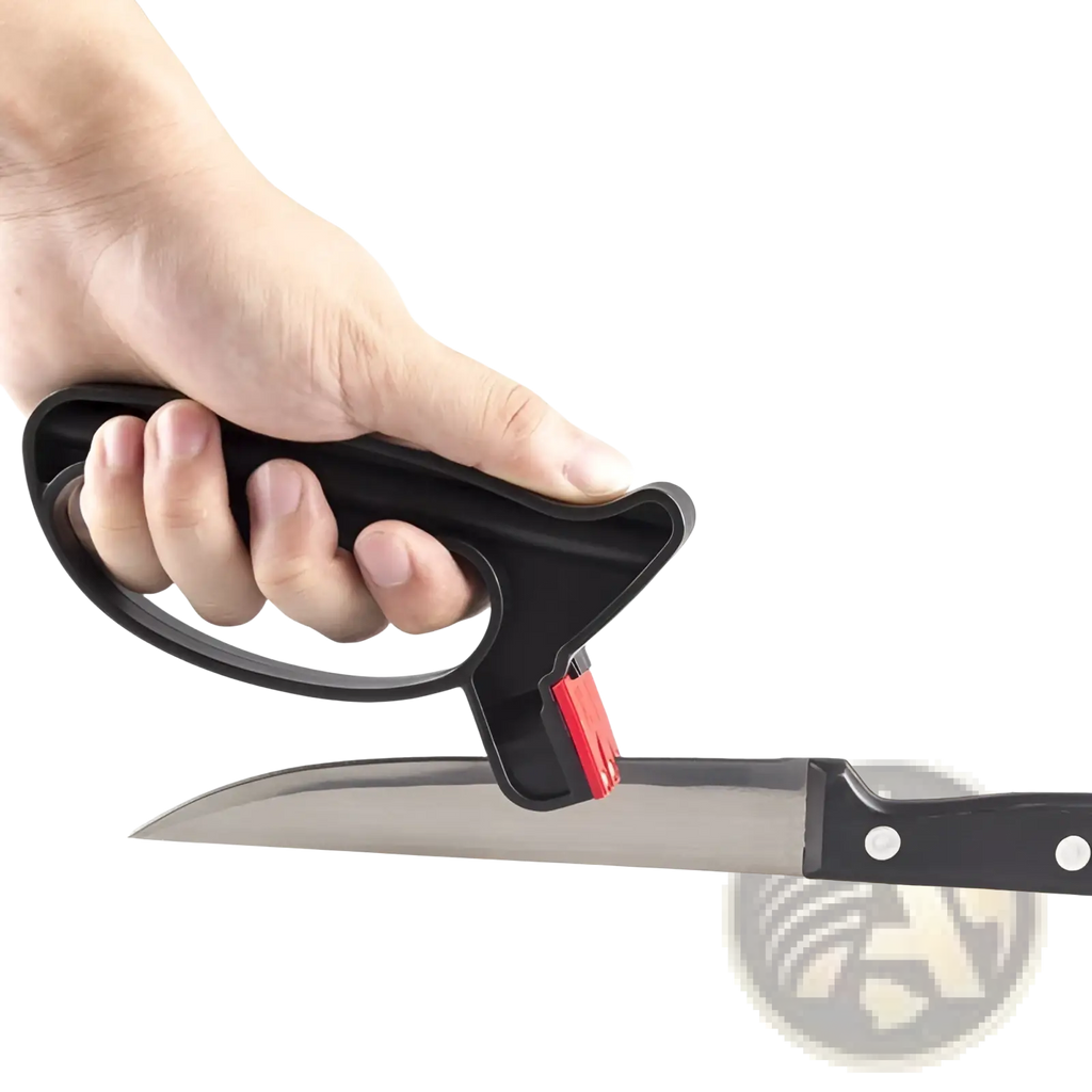 Black plastic knife sharpener with red abrasive insert for knife and scissor sharpening kitchen tool