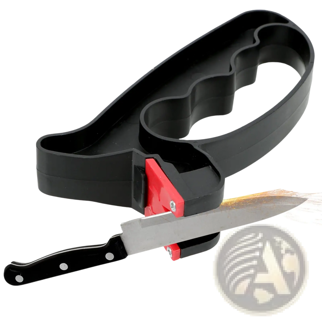 Black plastic knife sharpener with red accents holding a black-handled kitchen knife for sharpening blades