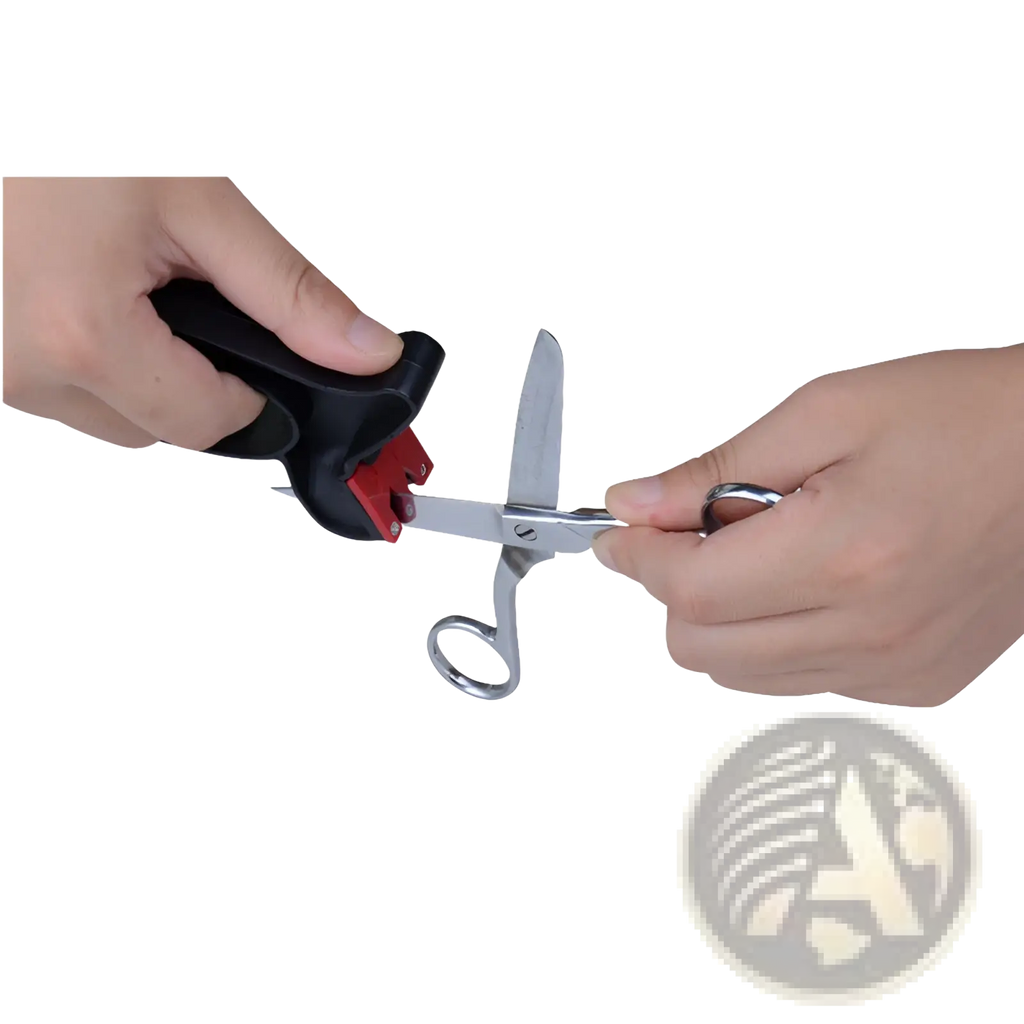 Black and red handheld metal knife sharpener and scissor sharpening kitchen tool sharpening silver scissors