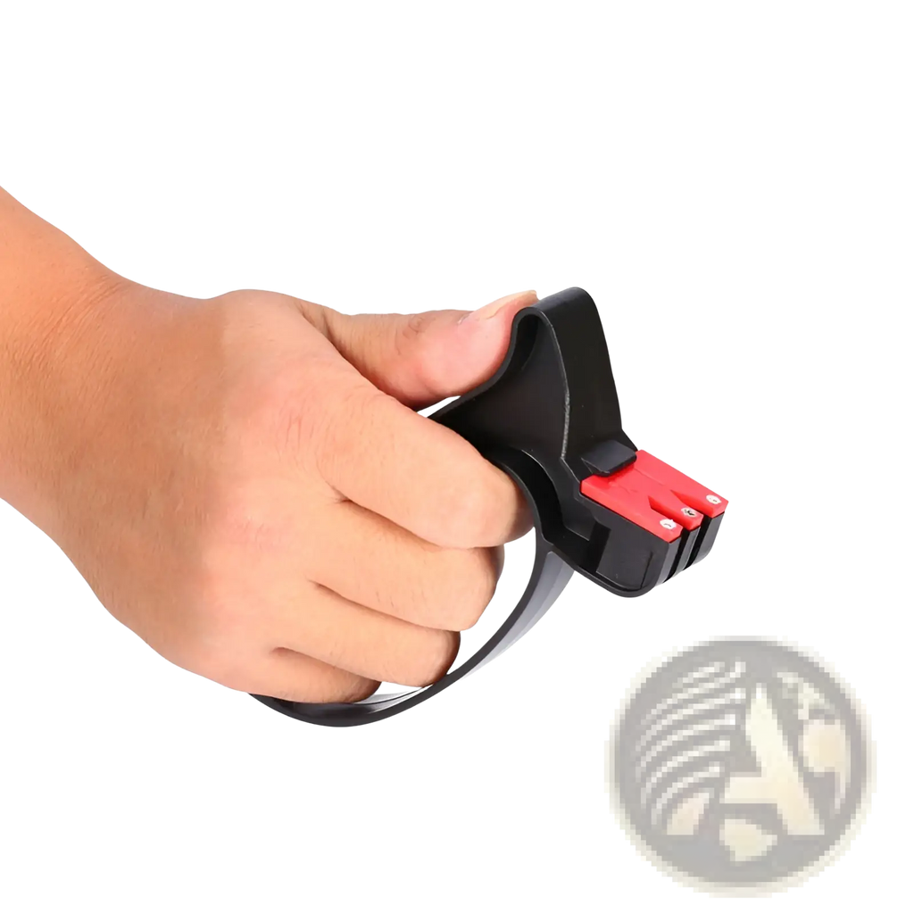 Black and red handheld knife sharpener with curved handle for kitchen tool sharpening knives and scissors