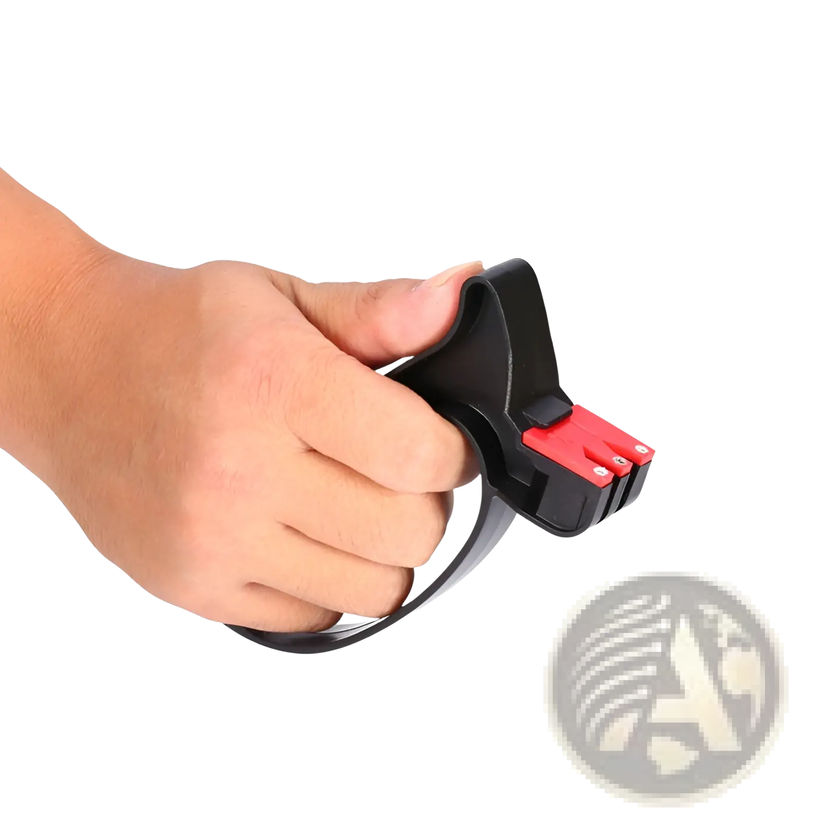 Black and red handheld knife sharpener with curved handle for kitchen tool sharpening knives and scissors