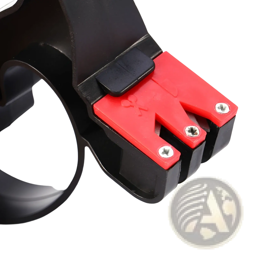 Black and red dual-sided knife sharpener with sturdy plastic body for knives and scissors sharpening in kitchen use