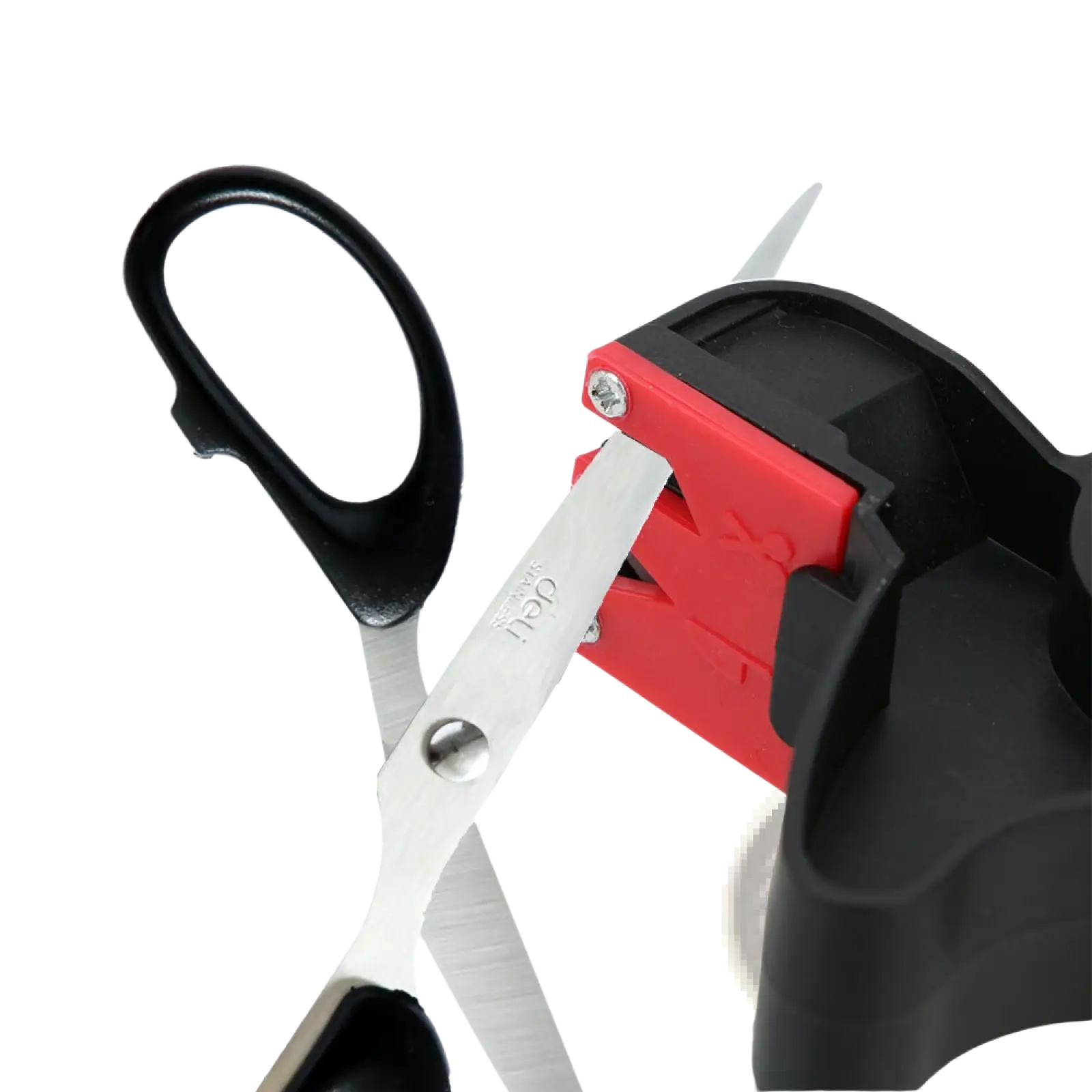Knife sharpener and scissor sharpening kitchen tool with red and black plastic body and silver blade being sharpened