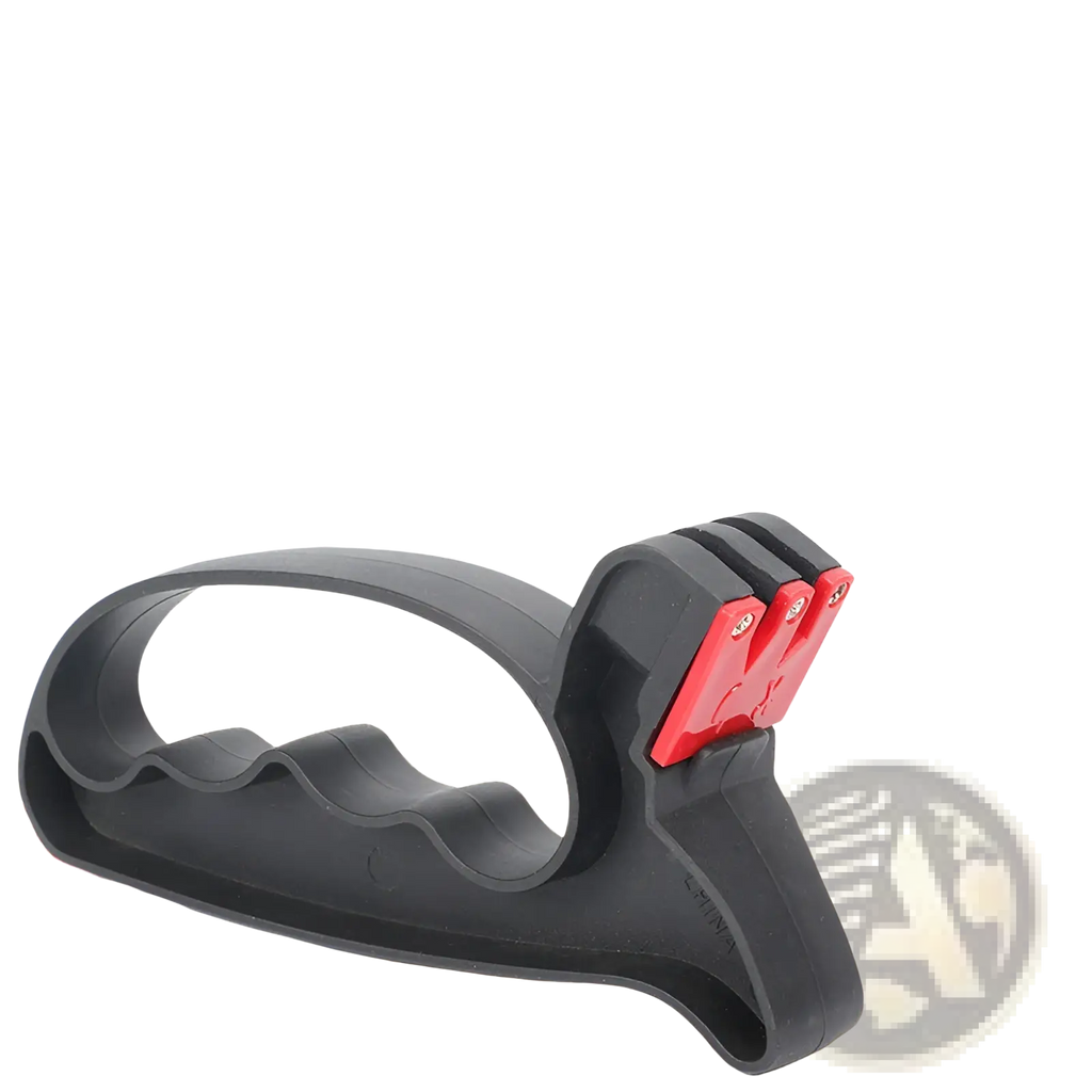 Black and red handheld knife sharpener with ergonomic grip designed for sharpening knives and scissors in the kitchen
