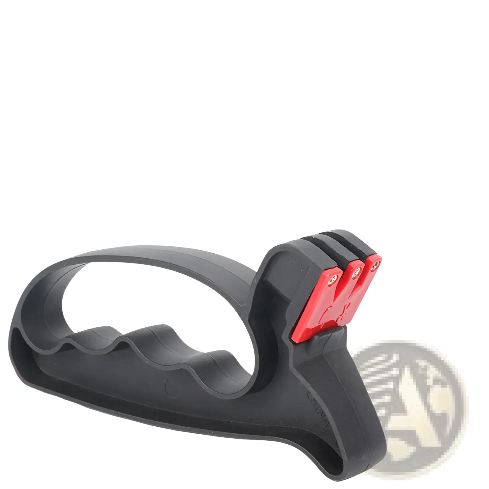 Black and red handheld knife sharpener with ergonomic grip designed for sharpening knives and scissors in the kitchen