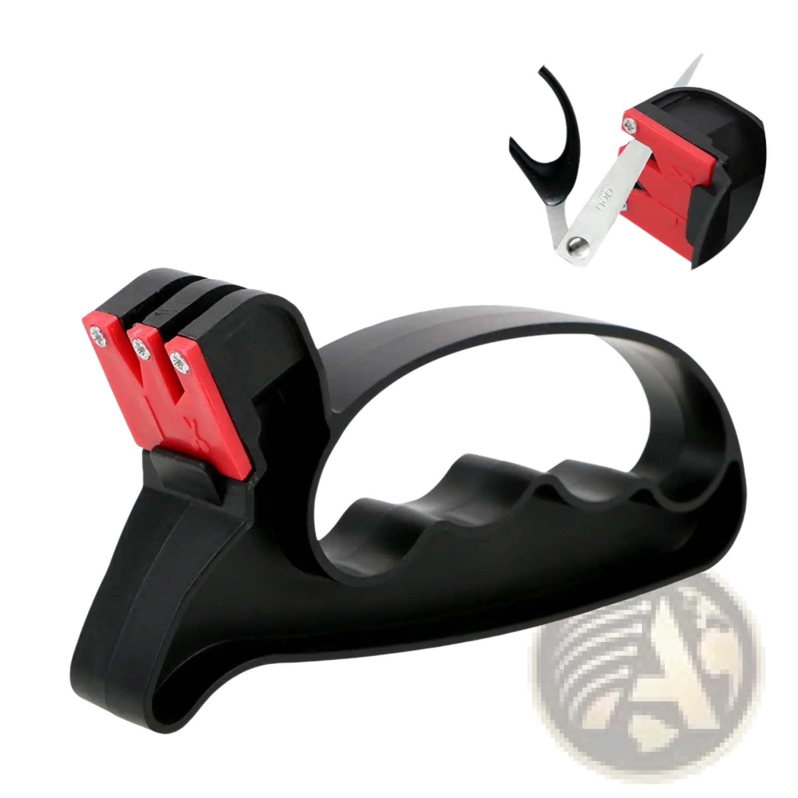 Black and red dual-sided knife sharpener with ergonomic handle design for kitchen tool and scissor sharpening