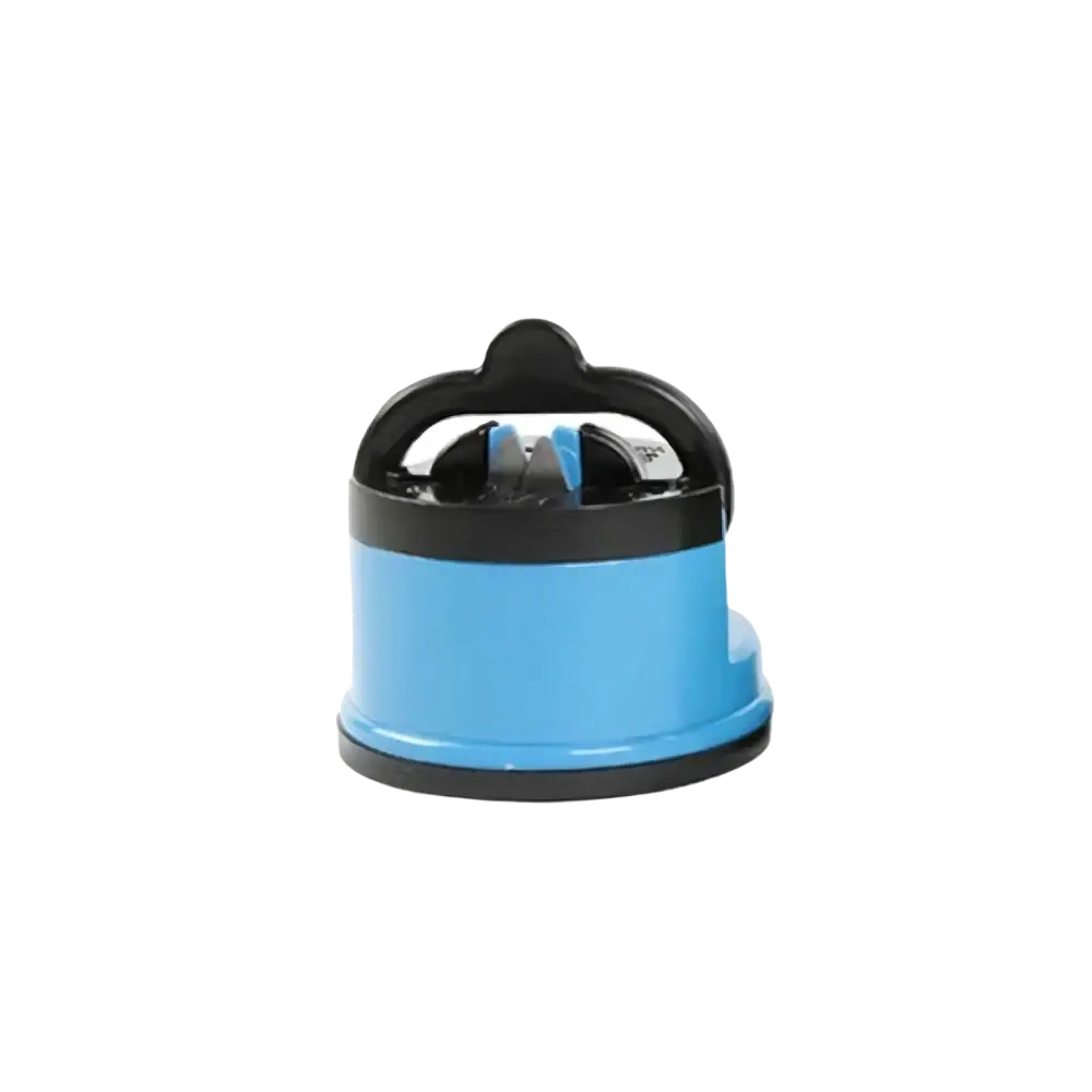 Blue and black handheld knife sharpener with suction safety tool and ergonomic handle for kitchen chef knives