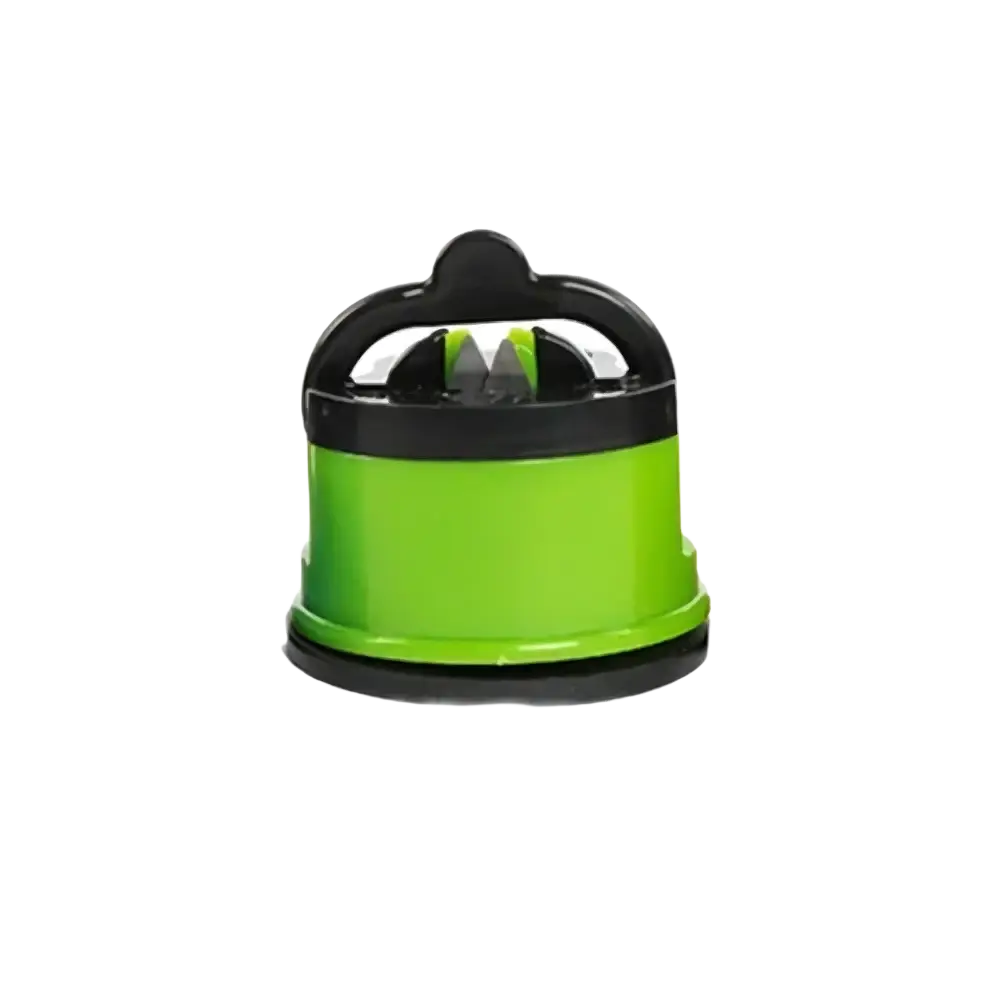 Bright green and black countertop knife sharpener with suction base designed for kitchen chef knives safety use