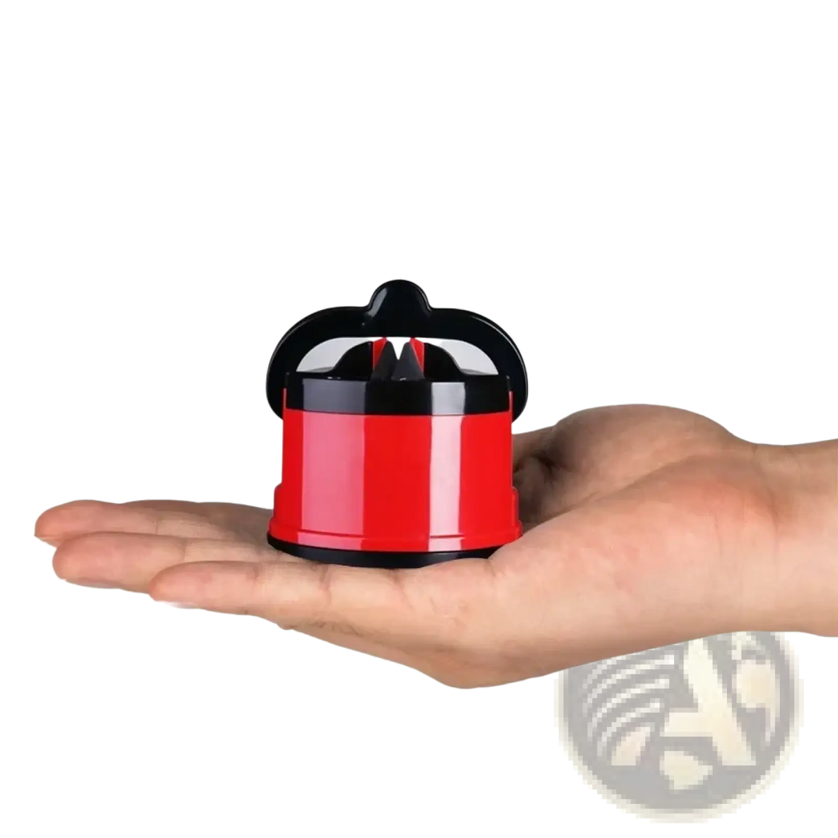 Red and black handheld knife sharpener with suction safety feature for kitchen chef knives in a compact design