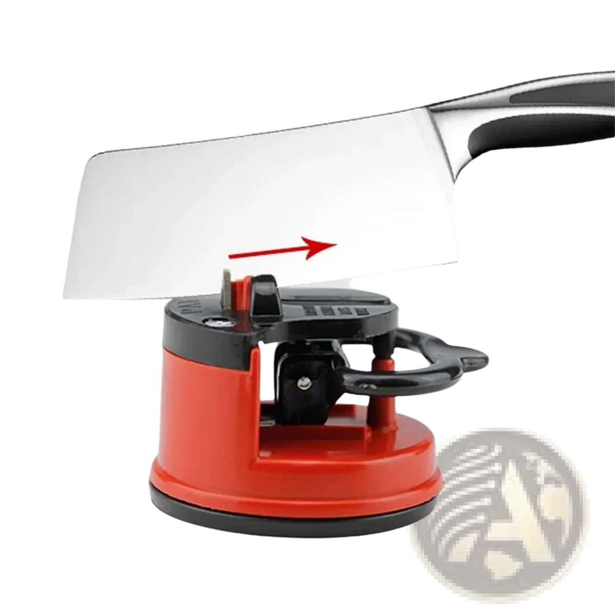 Red and black electric knife sharpener with magnetic base holding stainless steel chef knife for kitchen safety use