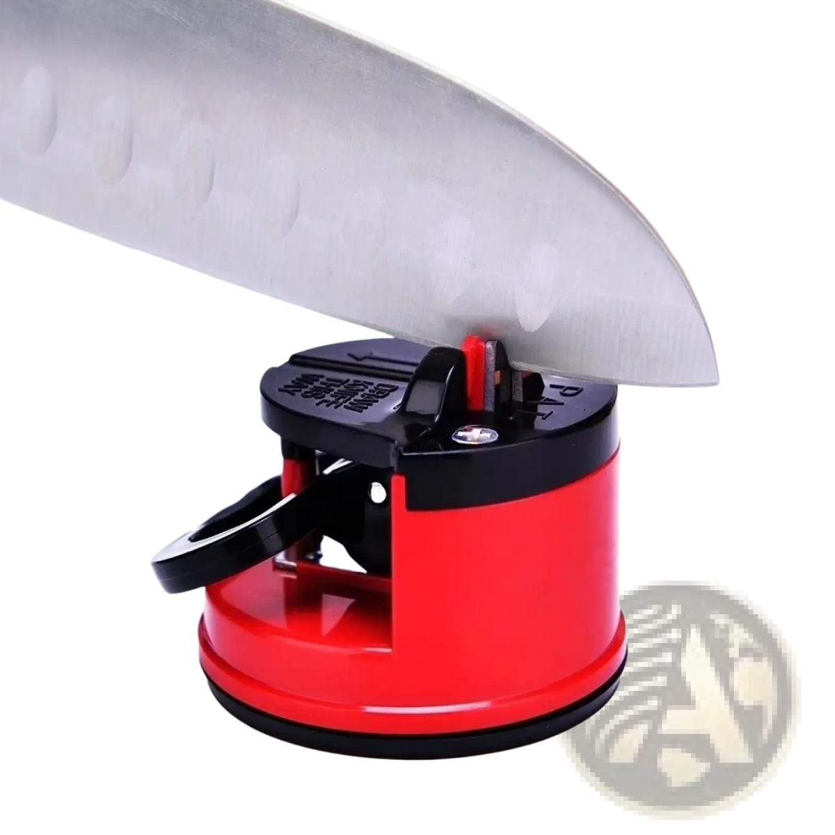Red and black handheld knife sharpener with magnetic suction base designed for kitchen chef knives safety use