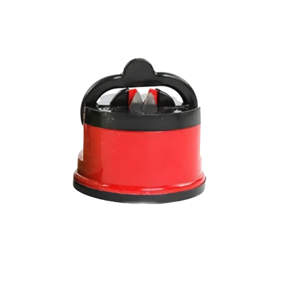 Red and black handheld knife sharpener with suction safety tool and ergonomic handle for kitchen chef knives