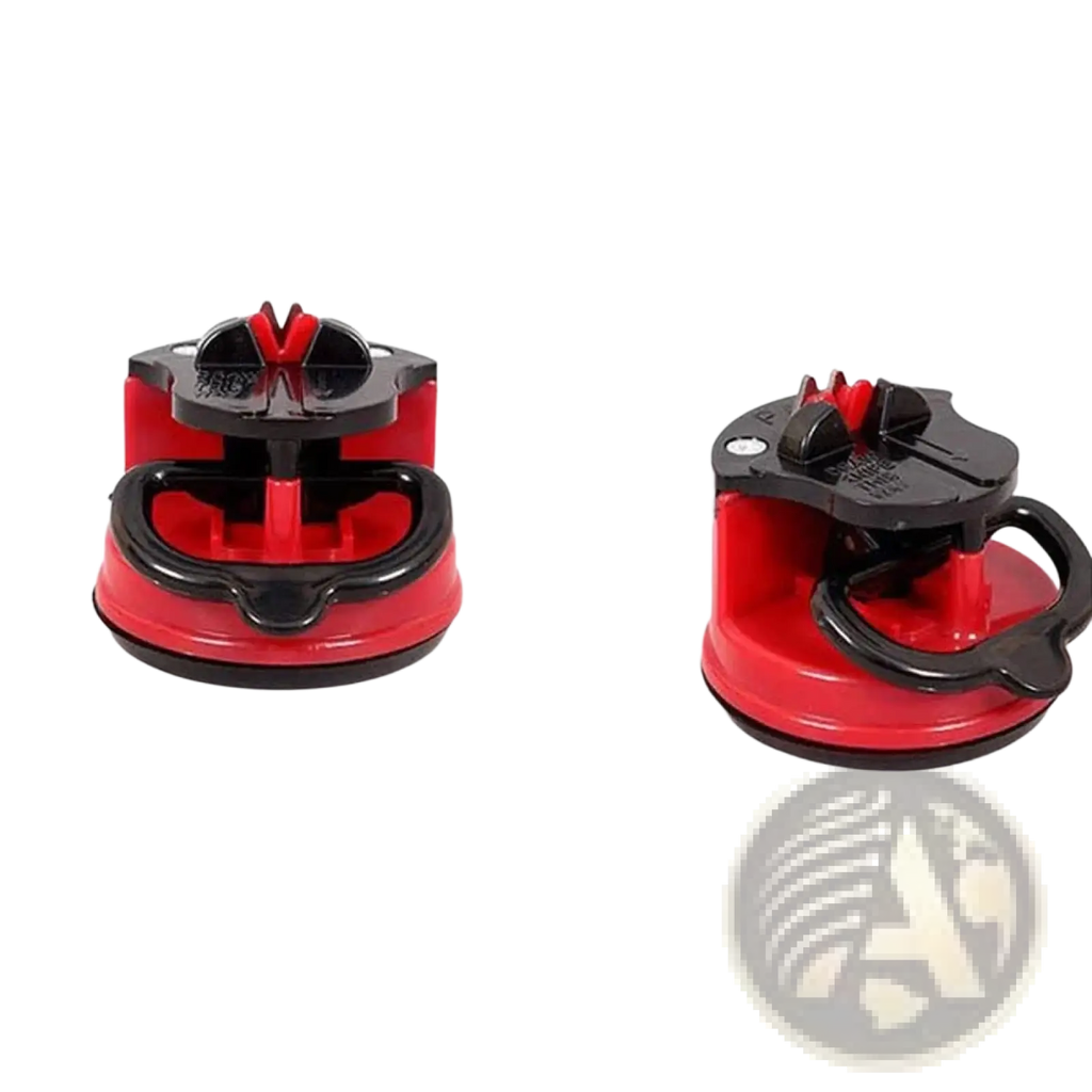 Red and black dual-sided kitchen knife sharpener with suction cup base for safe sharpening of chef knives