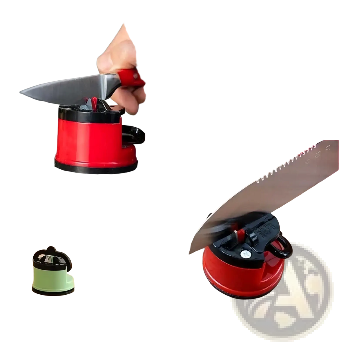 Knife sharpener suction safety tool with red whetstone, black accents, and handle for kitchen chef knives sharpening