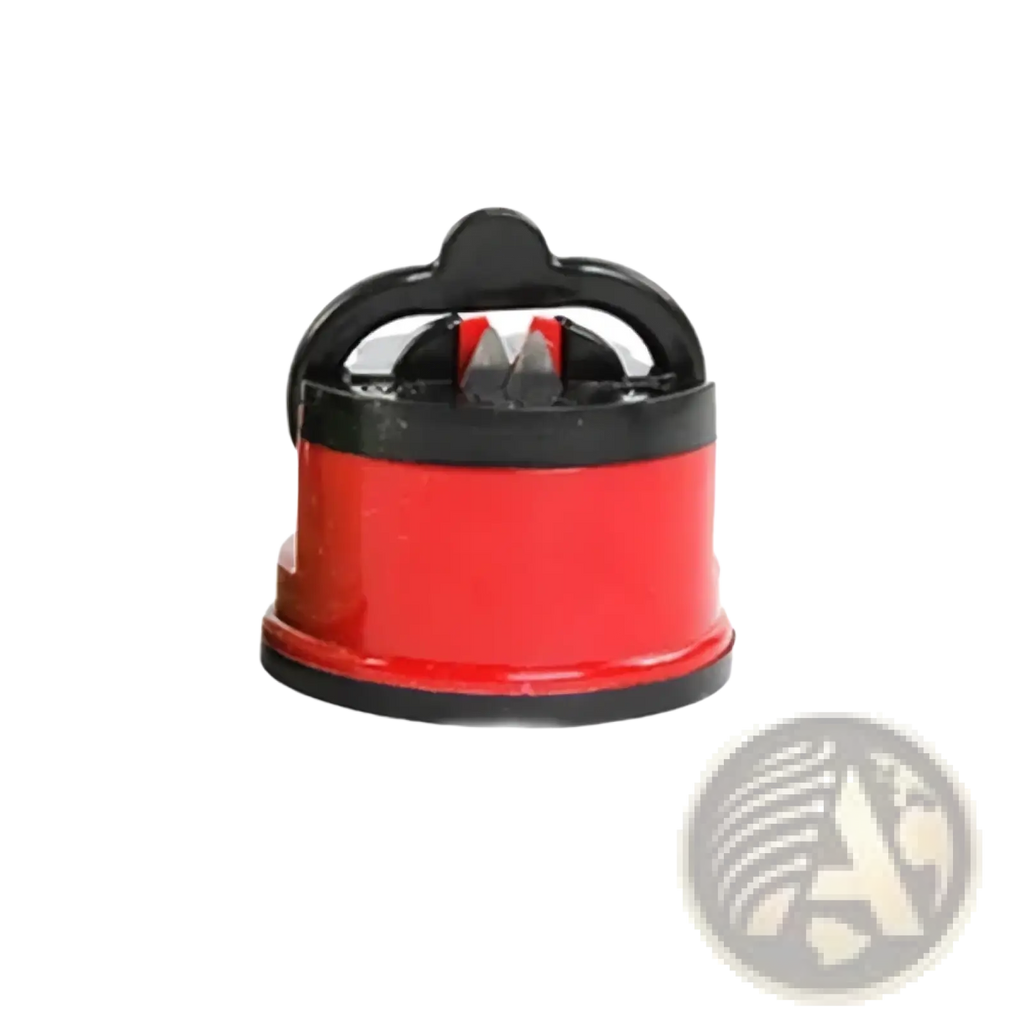 Red and black handheld knife sharpener with suction safety tool and ergonomic handle for kitchen chef knives