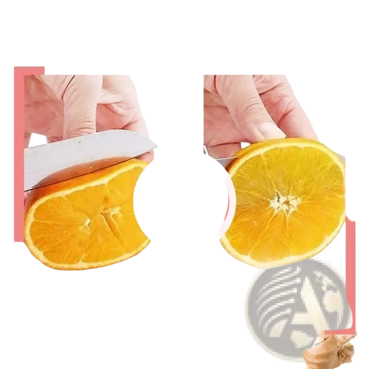A sharp metallic kitchen knife with a sleek blade and ergonomic handle slicing an orange for chef knife sharpening