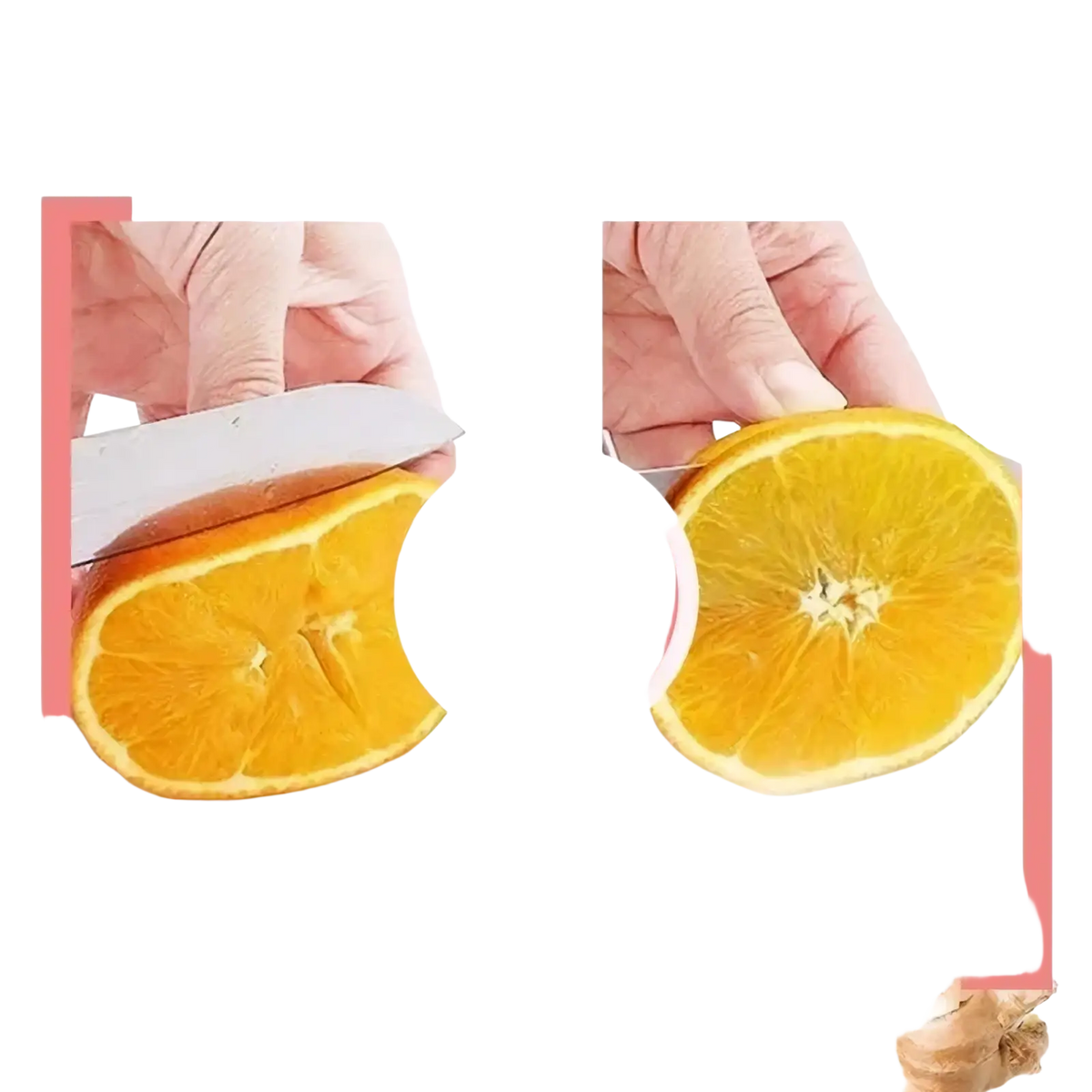 A sharp metallic kitchen knife with a sleek blade and ergonomic handle slicing an orange for chef knife sharpening
