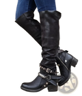 Black leather over-the-knee knight boots with studded buckle straps and chunky heels in suede material