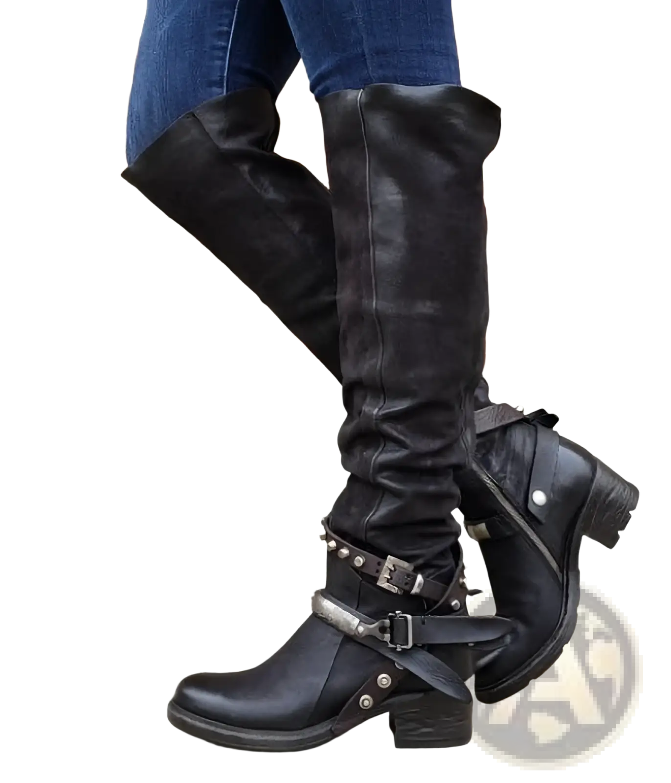 Black leather over-the-knee knight boots with studded buckle straps and chunky heels in suede material