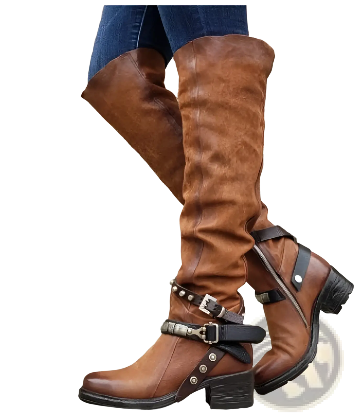 Brown suede over-the-knee knight boots with black leather buckle straps and chunky heels for women
