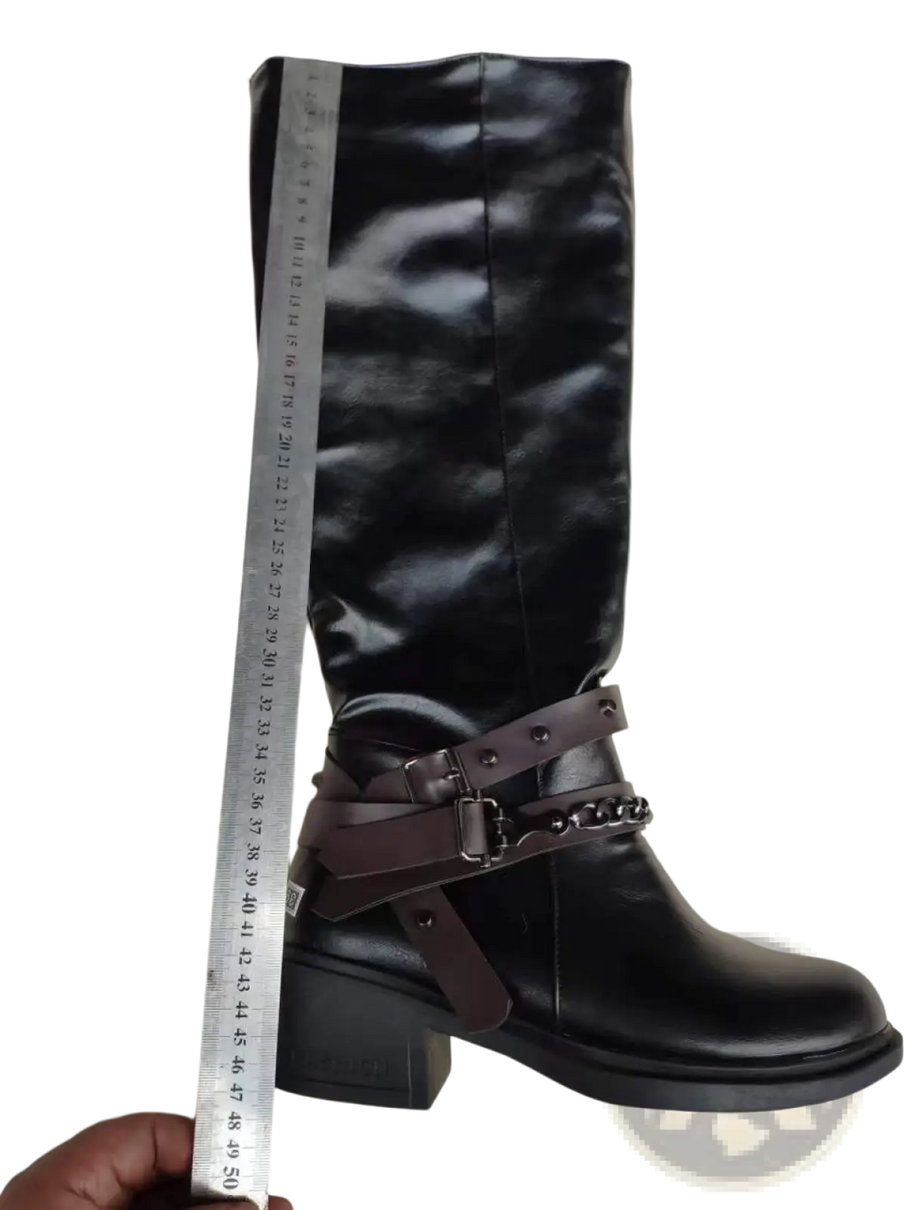 Black knee-high knight boots with glossy finish brown leather buckle straps and chunky heel for women in suede