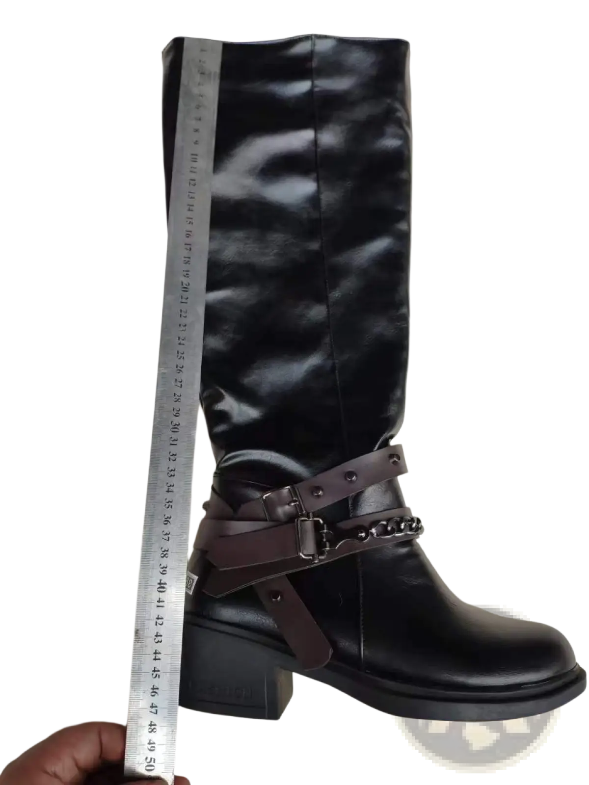 Black knee-high knight boots with glossy finish brown leather buckle straps and chunky heel for women in suede