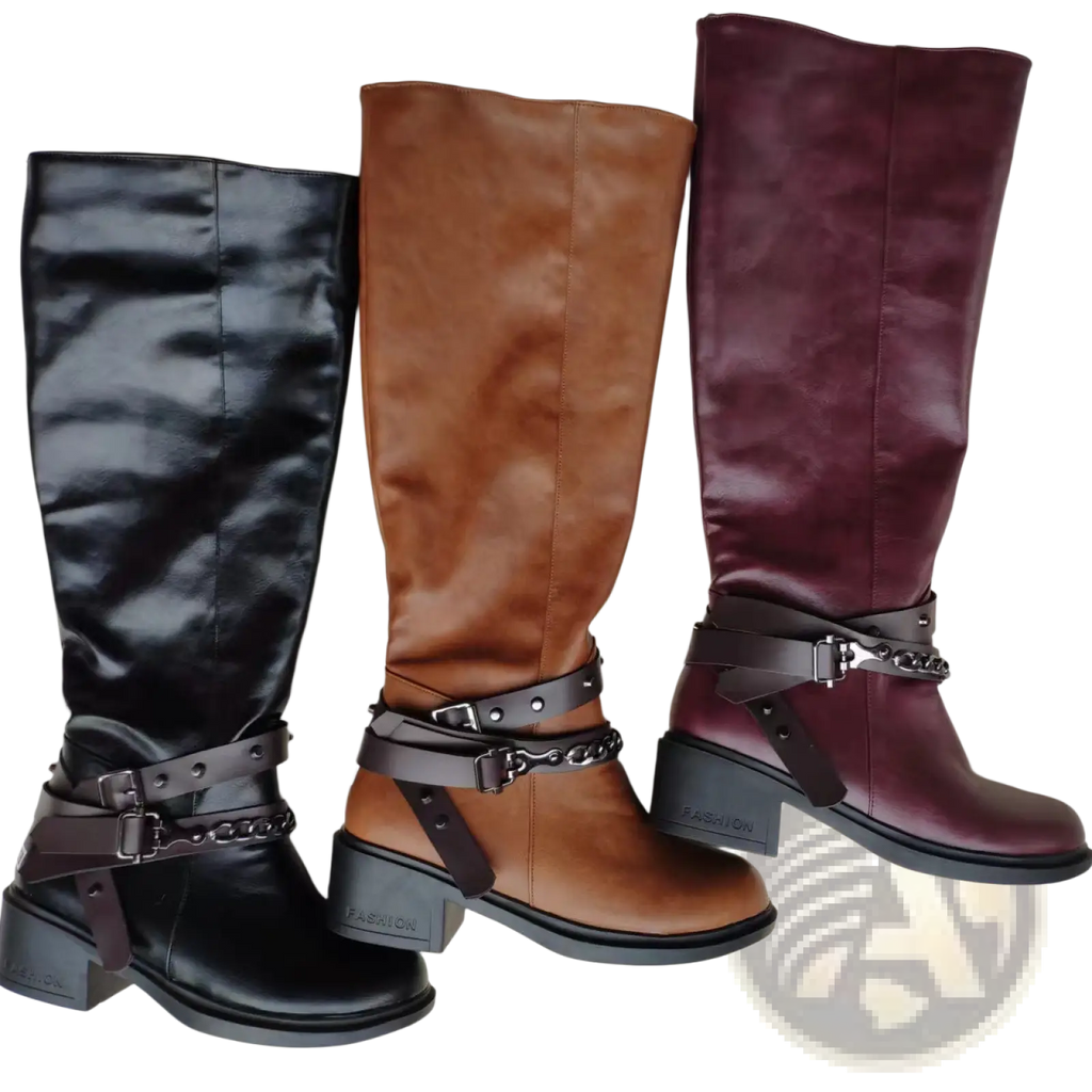 Knight boots women’s knee-high buckle strap chunky heel boots in black brown and burgundy faux leather