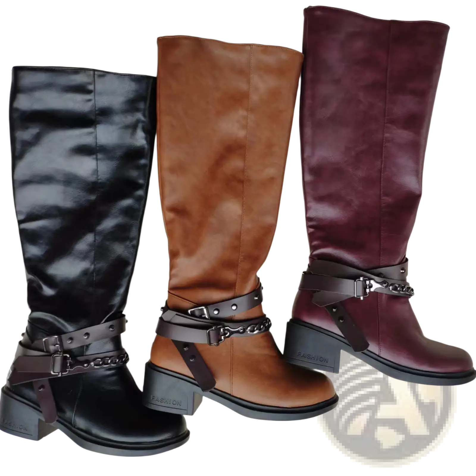Knight boots women’s knee-high buckle strap chunky heel boots in black brown and burgundy faux leather