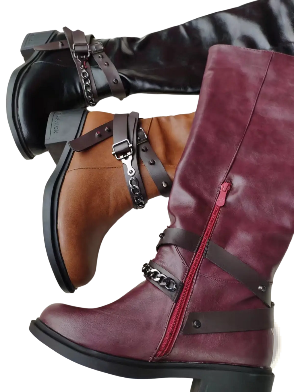 Knight boots women’s buckle strap chunky heel suede knee-high leather boots in maroon and brown with black straps and silver chains