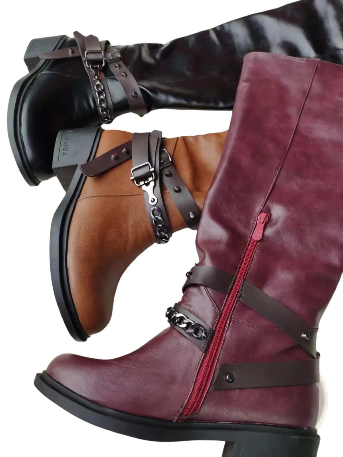 Knight boots women’s buckle strap chunky heel suede knee-high leather boots in maroon and brown with black straps and silver chains