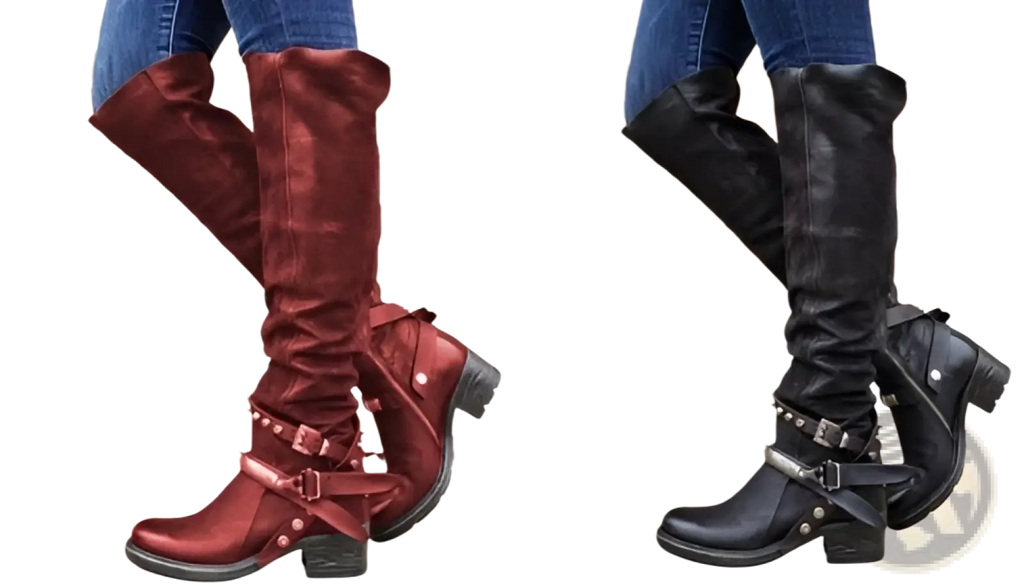 Knight boots women’s red and black suede over-the-knee boots with studded buckle straps and chunky block heels