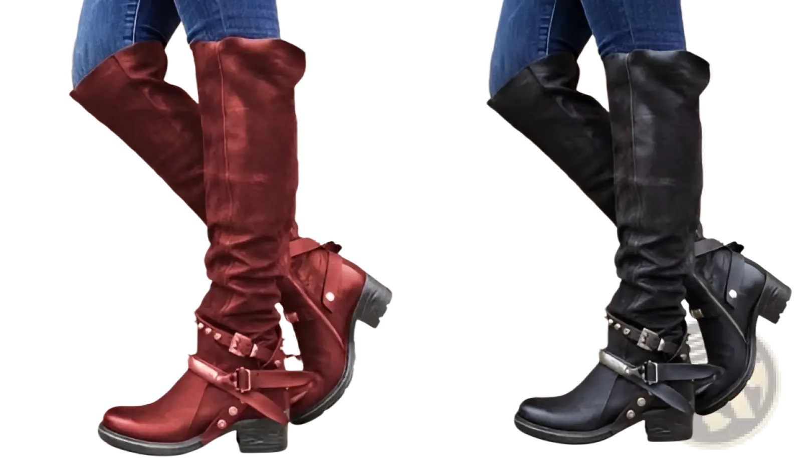 Knight boots women’s red and black suede over-the-knee boots with studded buckle straps and chunky block heels
